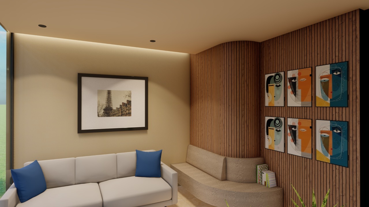 Rendered lounge area with curved wall paneling