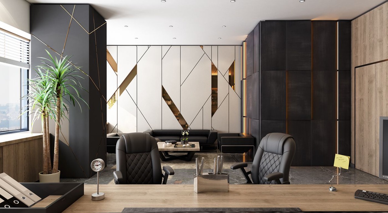 Modern office interior concept with desk and lounge